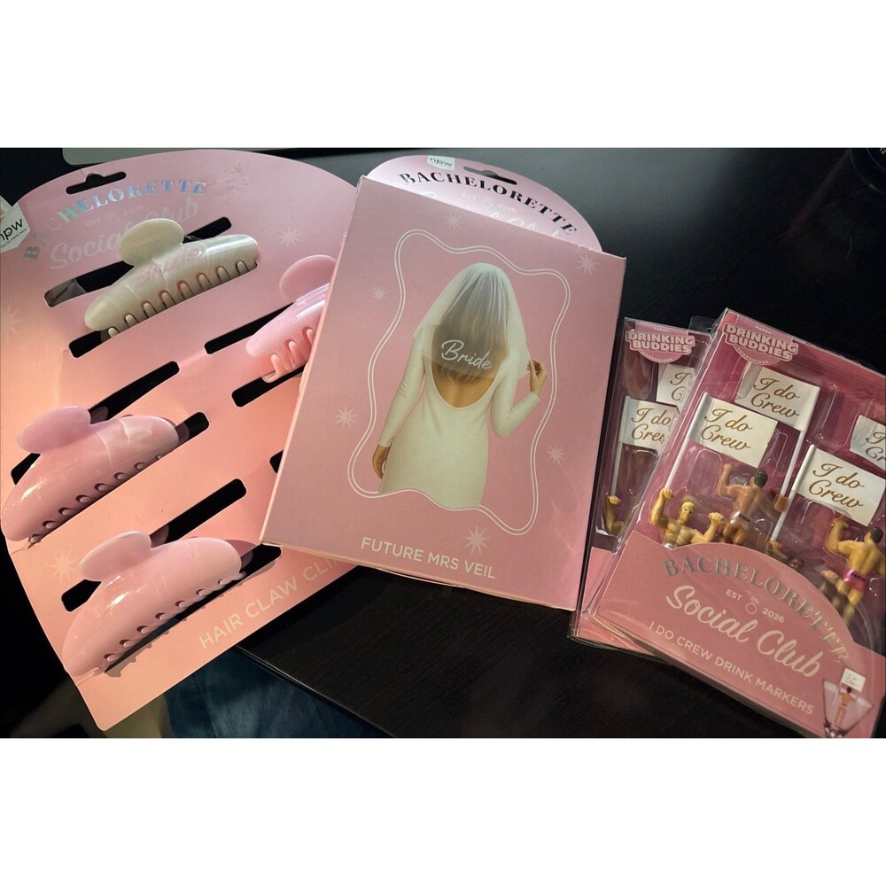New NPW Bachelorette Social Club  Bridal Party Clips Veil Drink Markers Bundle